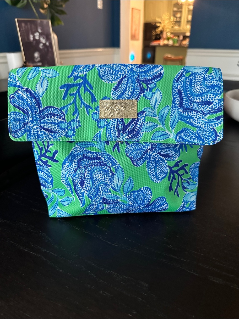 Lilly Pulitzer Green Floral Cosmetic Pouch with Blue Print